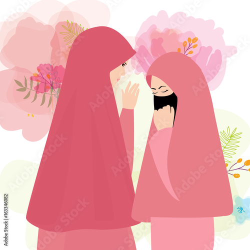 friends wear veil scarf islam cover face two woman girl