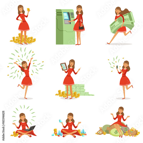 Happy young millionaire woman in a red dress enjoying her money and wealth, set of colorful detailed vector Illustrations