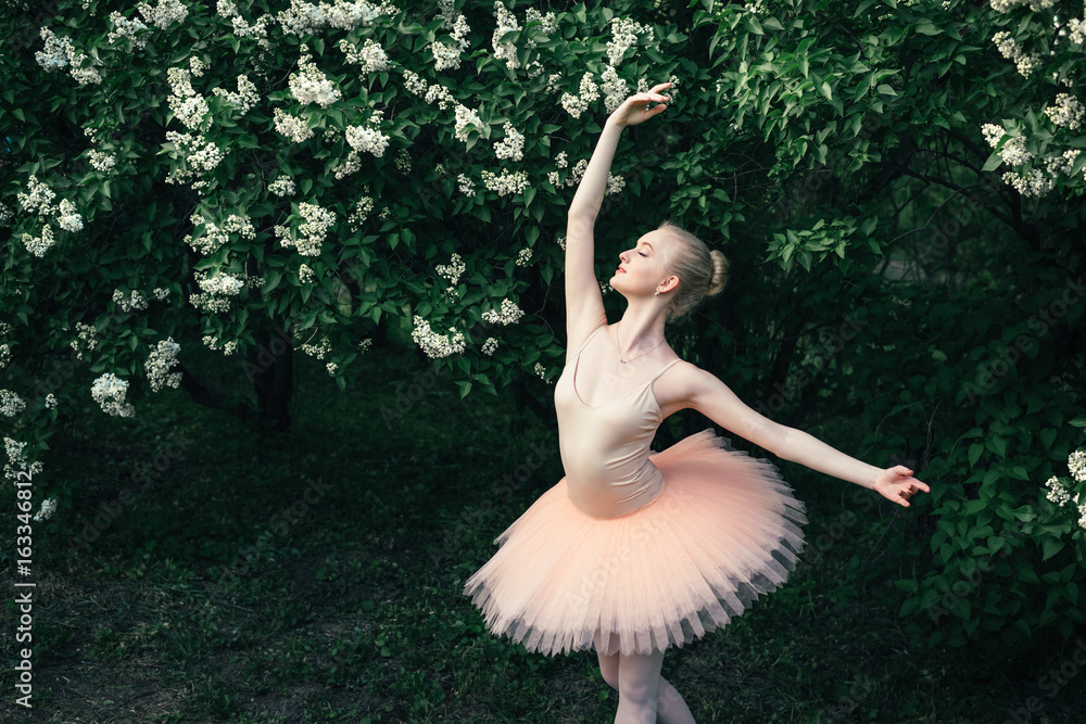 Fototapeta premium Ballerina dancing outdoors classic ballet poses in flowers landscape