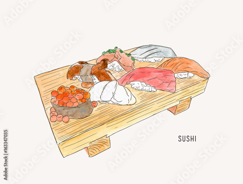 set of sushi , japanese food . hand drawn water color sketch vector.