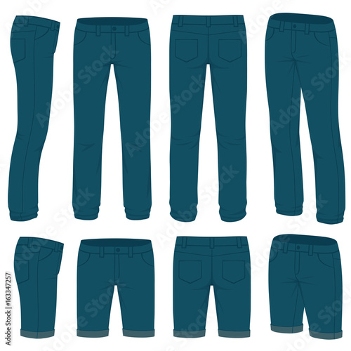Front, back and side views of blank  jeans. Isolated on white. Vector fashion design.
