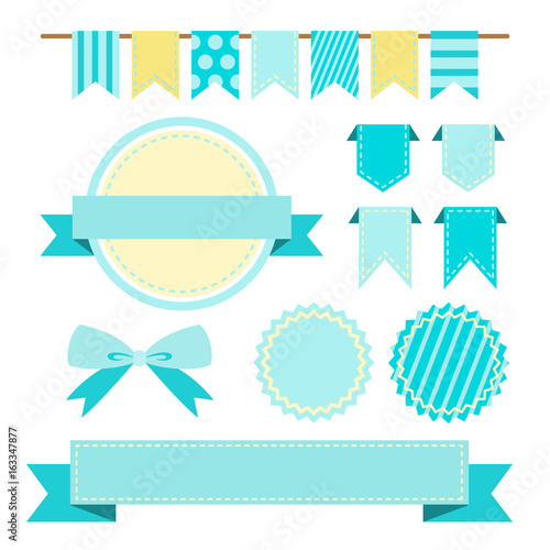 Collection of blue color ribbons and labels, shabby chic textile bunting flag