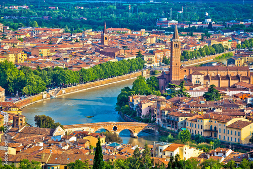 Ciy of Verona and Adige river aerial view