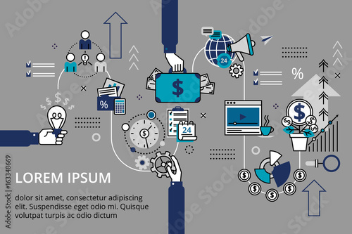 Startup business and teamwork concept horizontal banner in flat line stile. Creative vector illustration with a lot of business icons. Can be used for web, graphic design and brochure.