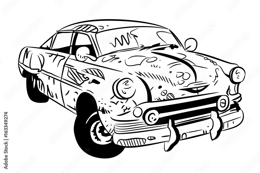 Cartoon image of broken down car cartoon. An artistic freehand picture.