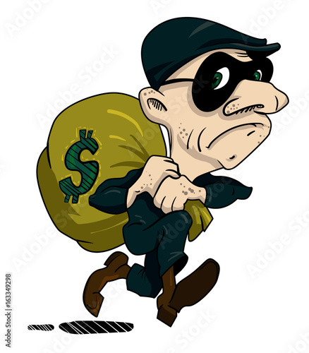 Cartoon image of burglar with loot bag. An artistic freehand picture.