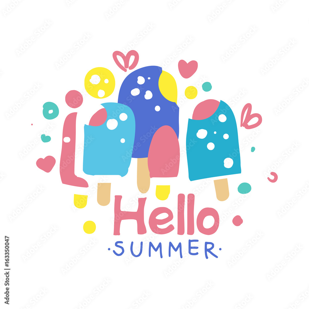 Hello Summer logo template colorful hand drawn vector Illustration