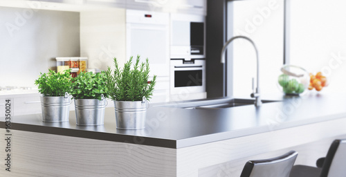 Cucina nuova con design moderno, render 3d photo
