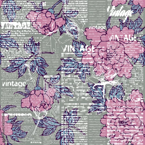 Tapety Jednolite tło wzór. Wzór retro grunge z Vintage słowa i szkice kwiatów. Gazeta półtonów.