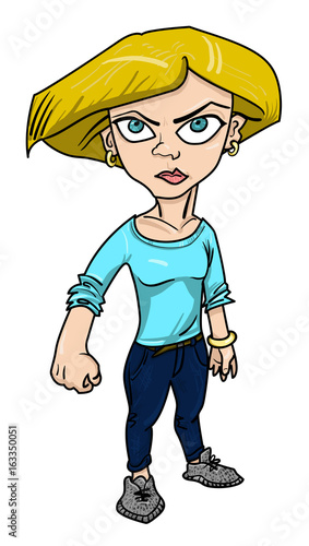 Cartoon image of determined woman clenching fist. An artistic freehand picture.