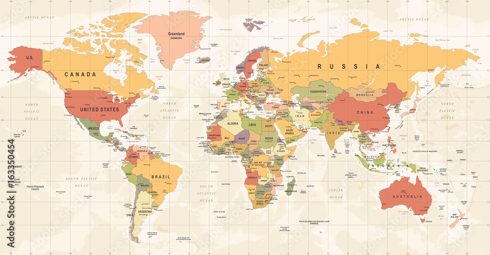 Fototapeta premium Mapa świata Vintage wektor. Szczegółowa ilustracja mapy świata