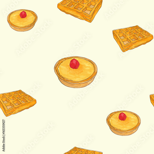 creme brulee tart and waffle sketch vector pattern