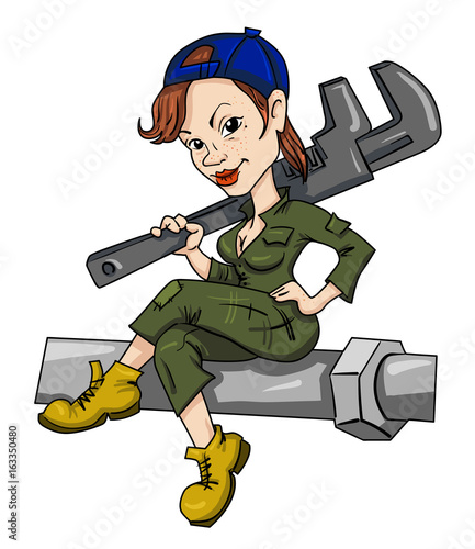 Cartoon image of female plumber. An artistic freehand picture.