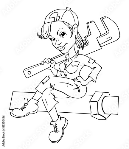 Cartoon image of female plumber. An artistic freehand picture.