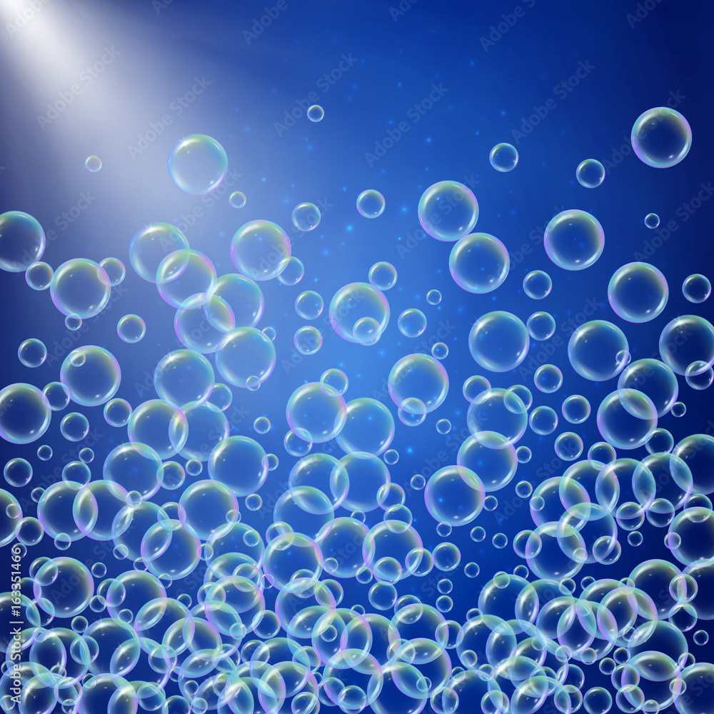 Shampoo foam in floating with realistic water bubbles on blue background with sunshine flare. Cleaning liquid soap foam for bath and shower. Shampoo rainbow bubbles. Swimming pool flyer and invite. Shampoo foam in floating with realistic water bubbles on blue background with sunshine flare. Cleaning liquid soap foam for bath and shower. Shampoo rainbow bubbles. Swimming pool flyer and invite.