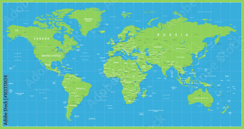 Fototapeta Naklejka Na Ścianę i Meble -  World Map Vector Blue Green. Detailed illustration of worldmap