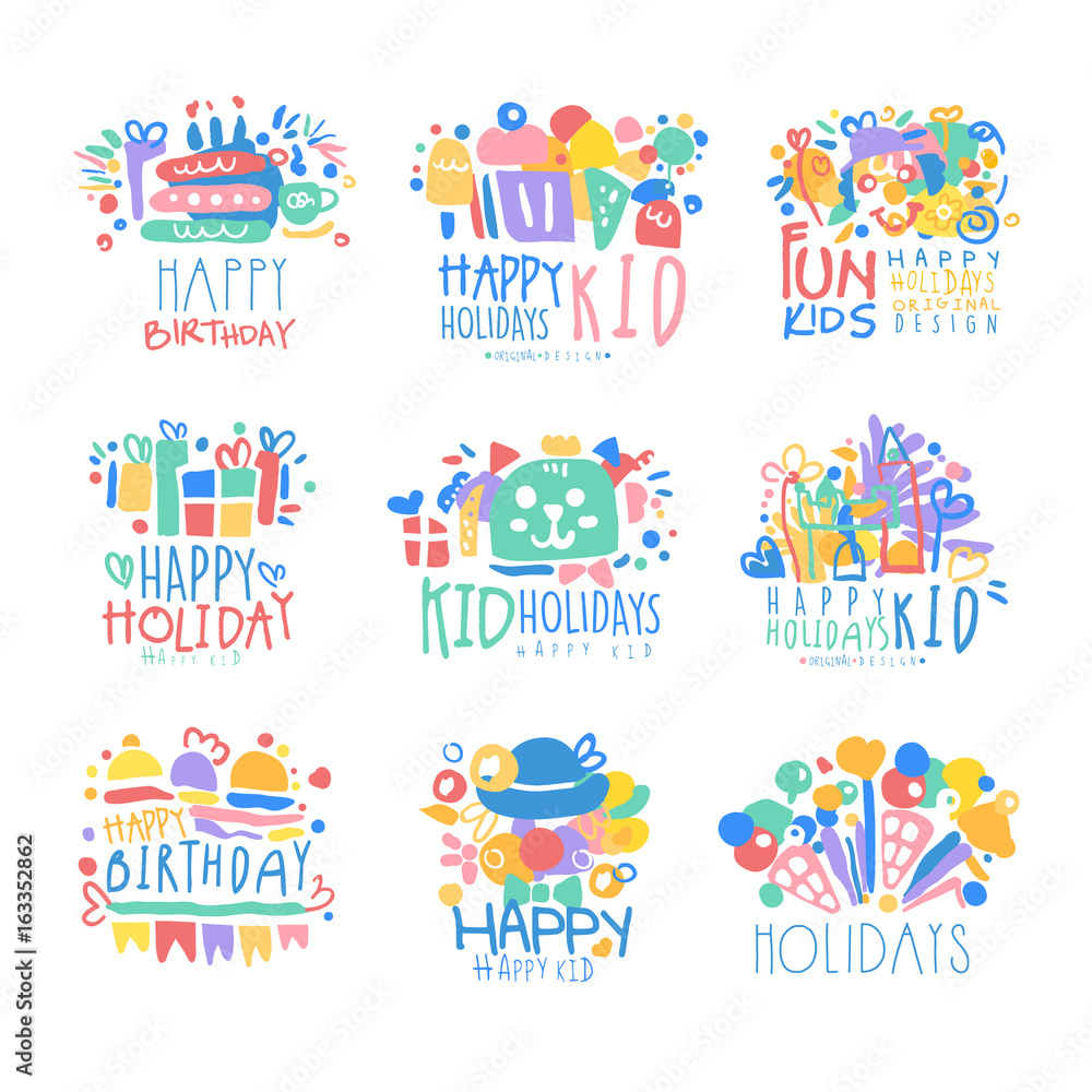 Kid Holidays, Happy Birthday logo template original design set, colorful hand drawn vector Illustrations