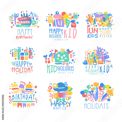 Kid Holidays, Happy Birthday logo template original design set, colorful hand drawn vector Illustrations © topvectors