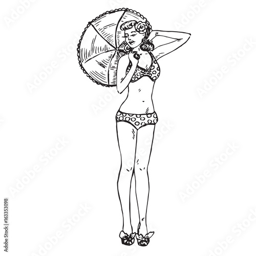 Portrait of sexy retro pin up girl in polka dot bikini posing with umbrella, hand drawn outline doodle, sketch in pop art style, black and white vector illustration