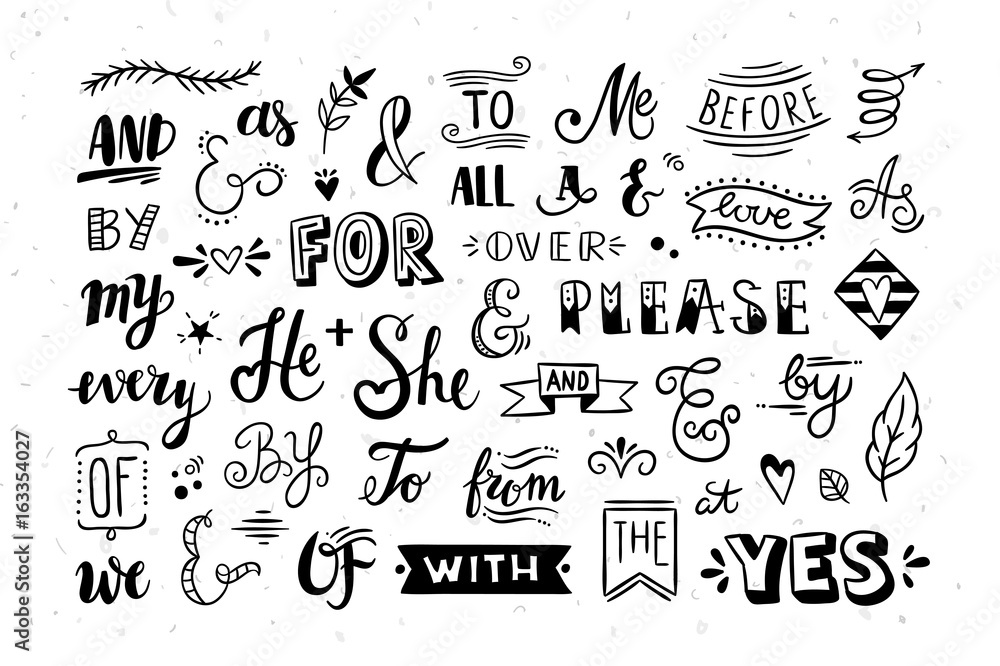 Hand drawn vector catchwords and ampersands. Graphic design elements, flowers, arrows, dividers, laurels - obrazy, fototapety, plakaty 
