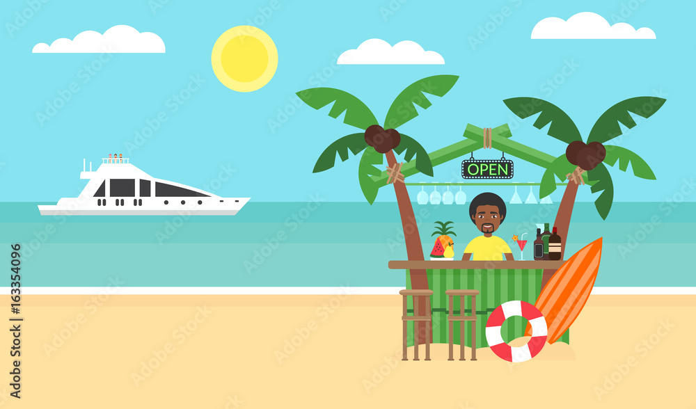 Summer background - sunset beach. Sea, yacht and a palm tree. African man. Modern flat design. Vector illustration.