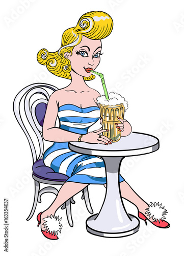 Cartoon image of pin up painting of a retro 1950s woman drinking a milkshake. An artistic freehand picture.