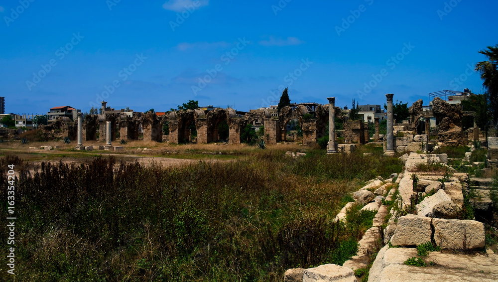 Remains of ancient columns at Al Mina excavation site at Tyre, Lebanon