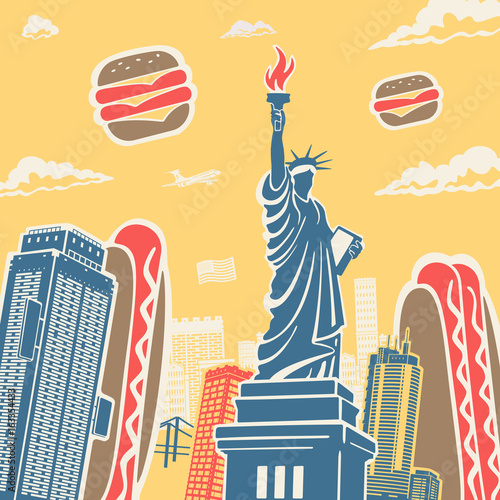 American Symbols Architecture and Food Vector Background