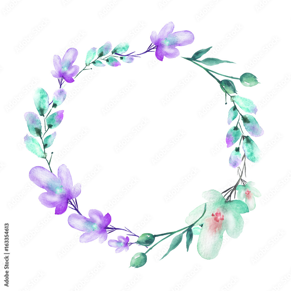 A round watercolor frame, a postcard, a wreath of flowers, twigs, plants, berries. Vintage illustration. Use in different designs, invitations, cards, advertising.