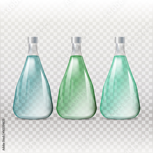 Mockup template for branding and product designs. Isolated realistic glass transparent bottles with unique design. Easy to use for advertising branding and marketing.