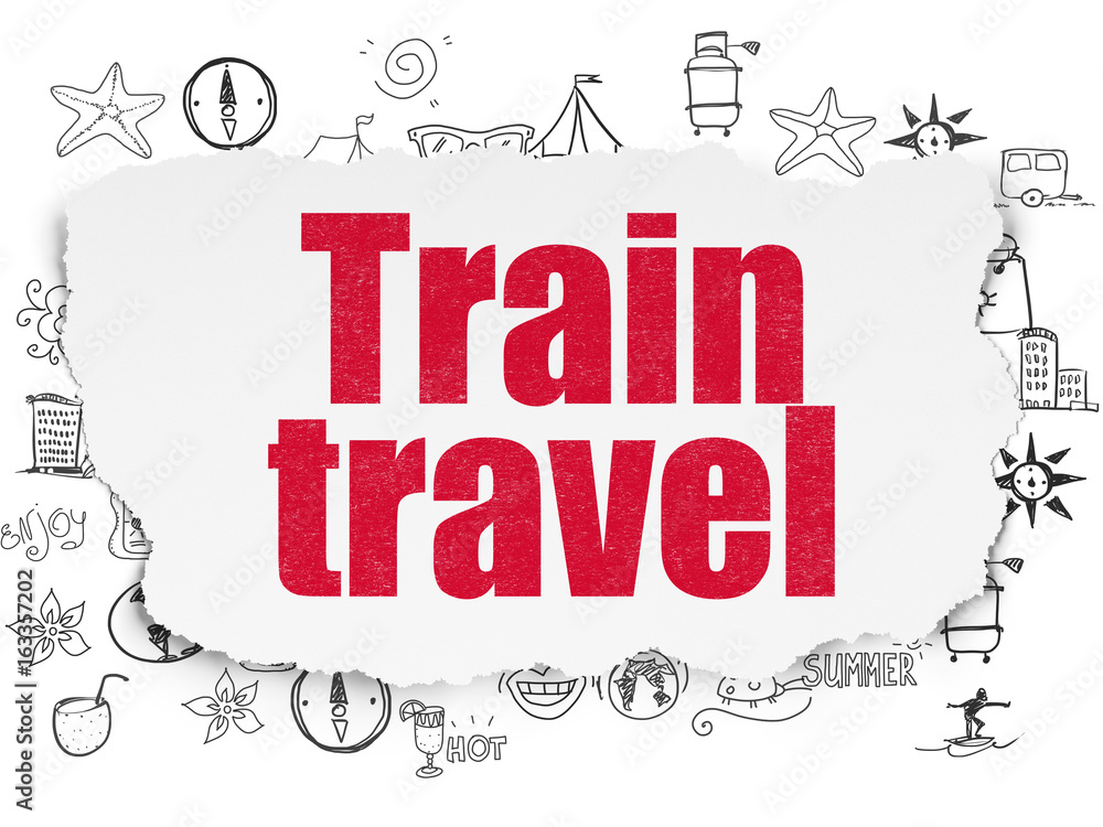 Tourism concept: Train Travel on Torn Paper background Tourism concept: Train Travel on Torn Paper background