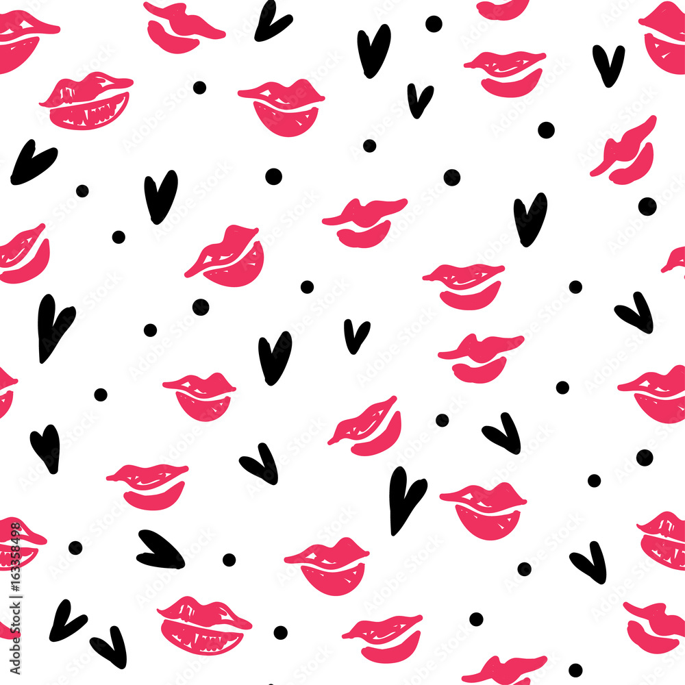 Seamless pattern with lipstick kisses. Imprints of red lipstick, hearts and word kiss isolated on a white background. Can be used for design of fabric print, wrapping paper or romantic greeting card Seamless pattern with lipstick kisses. Imprints of red lipstick, hearts and word kiss isolated on a white background. Can be used for design of fabric print, wrapping paper or romantic greeting card