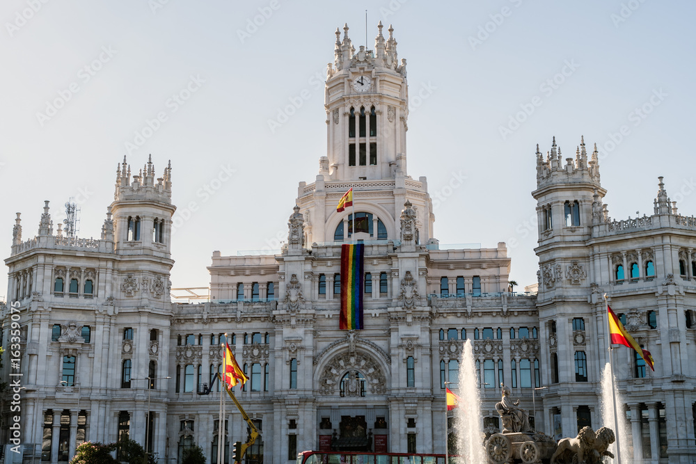 Madrid City Council showing the rainbow flag for the WorldPride festivities, celebrating LGTB rights.