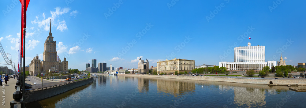 MOSCOW, RUSSIA - MAY 01: Moscow Panorama - Stalin's famous skyscraper Hotel Ukraine and White House of Russian government on May 01, 2014 in Moscow, Russia