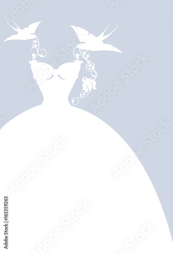 elegant wedding dress among birds and flowers - simple white silhouette vector design