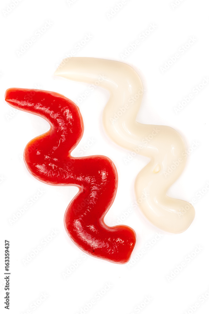 Tomato ketchup and mayonnaise isolated on white background. Top view Tomato ketchup and mayonnaise isolated on white background. Top view
