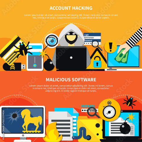 Malicious Software And Account Hacking Horizontal Banners 