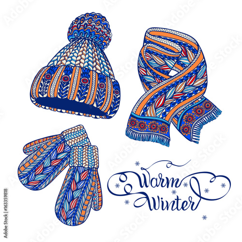 Warm hat mittens scarf color doodle 