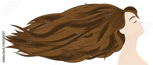 Hair extensions in the professional salon. Profile of beautiful brunette with long hairs.