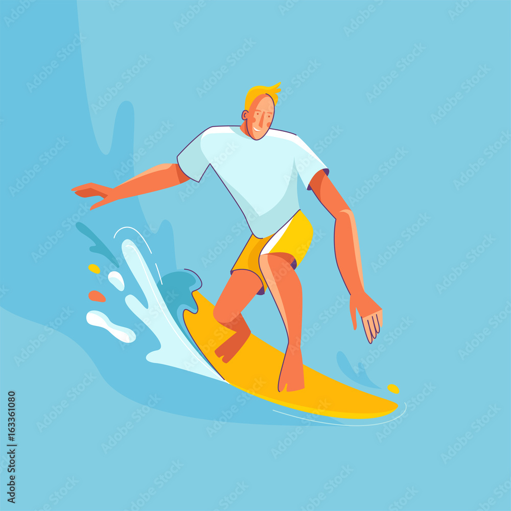 Vector summer illustration in modern trendy flat linear style - happy guy surfing