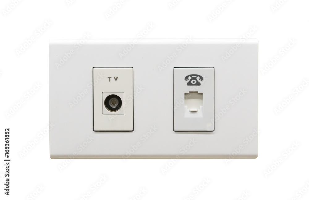 White TV cable connection and telephone wall outlet White TV cable connection and telephone wall outlet