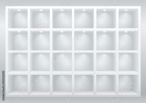White cell furniture or display cases for goods, shelves for goods or library photo