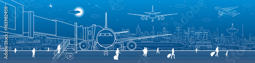 Airport panorama. The plane is on the runway. Aviation transportation infrastructure. Airplane fly, people get on the plane. Night city on background, vector design art