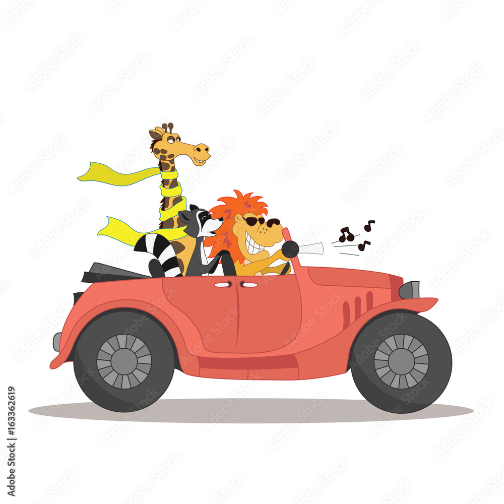 Obraz premium Cute card for child fun cartoon style There are funny animals in the car cabriolet Illustration isolated on white