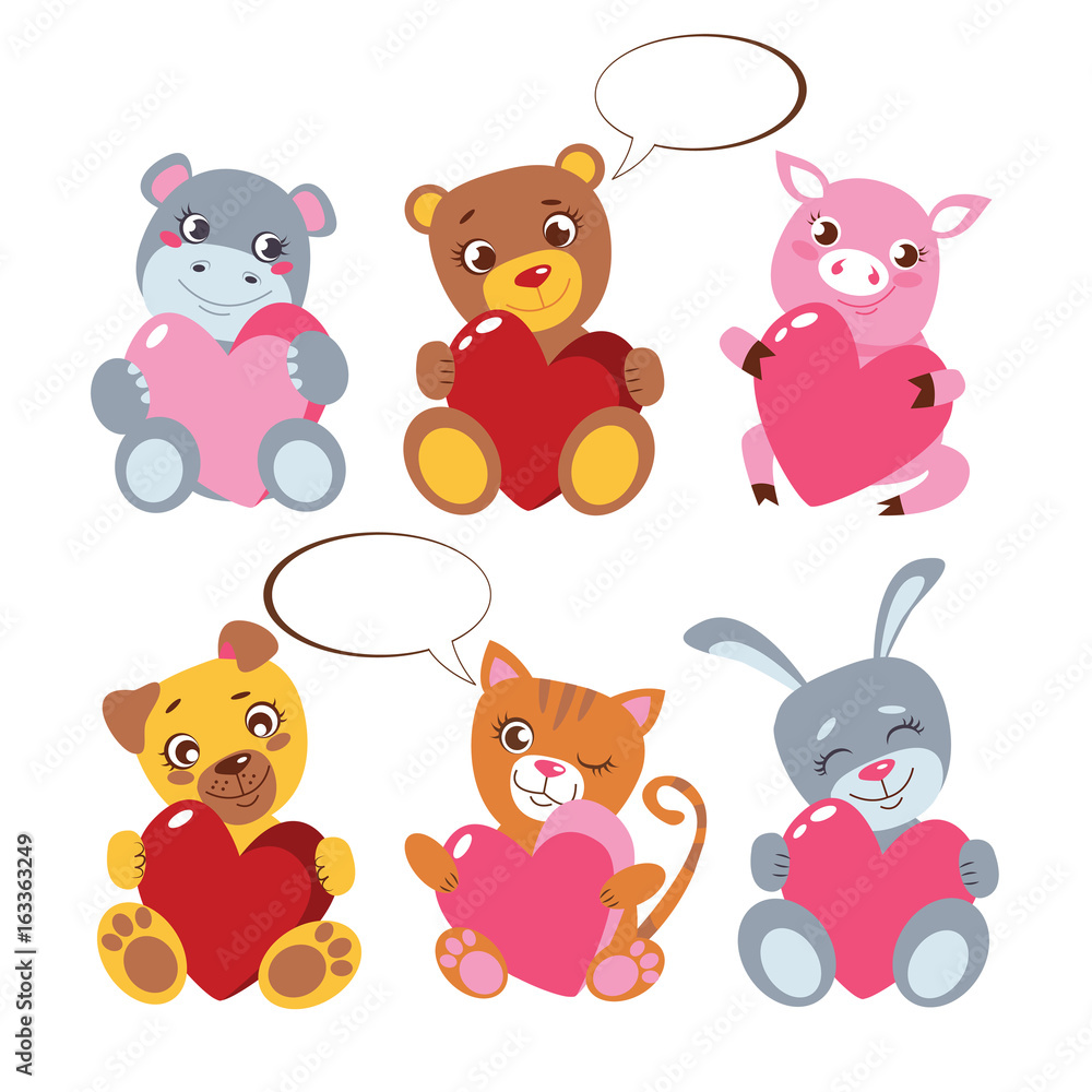 Cute Animals with heard Collection on white. Toy presents for Valentine's Day vector poster. Bunny, Cat, Hippo, Pig, Dog, Bears