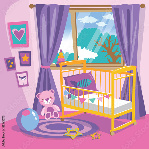Girls bedroom interior. Flat style cartoon vector illustration. Baby room in pink. Baby room with furniture. Nursery interior.
