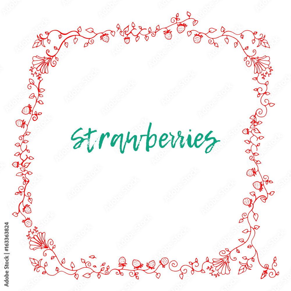 strawberries frame ornament. Hand drawn illustration with doodle style. Art Poster Textile design for printing and print-shop. Postcard press and coloring Page Book. Seamless background strawberries frame ornament. Hand drawn illustration with doodle style. Art Poster Textile design for printing and print-shop. Postcard press and coloring Page Book. Seamless background