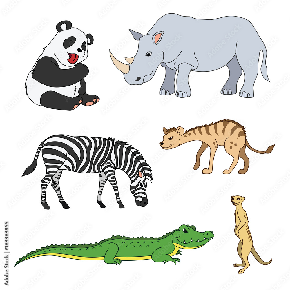 Obraz premium Set of various cute animals, safari animals. Panda, zebra, alligator, crocodile, gopher, rhinoceros, rhino, hyena