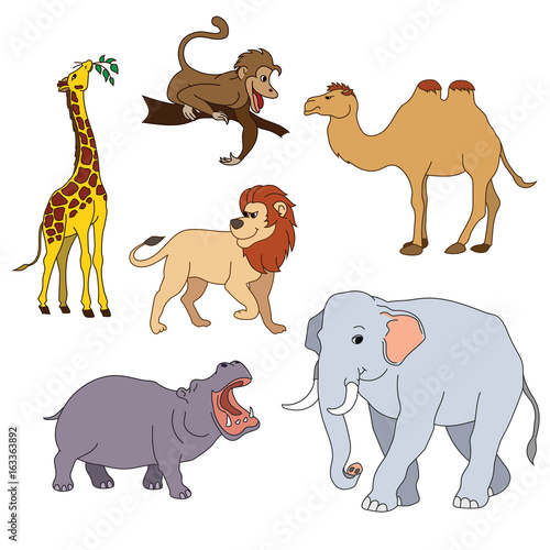Set of various cute animals  safari animals. Vector illustration isolated on white