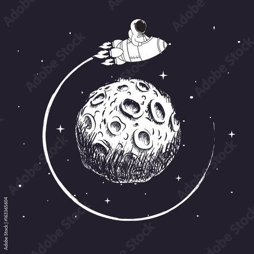 Astronaut sits in spaceship and flying around Moon